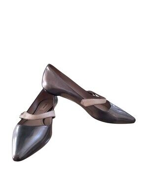 Marc Jacobs Italy Metallic Pewter Gray Pointed Ballet Flats with Beige Strap 6.5